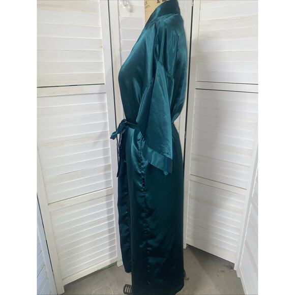 Vintage Dentelle Green Satin Full Length Robe Tie Waist Silky Bath Medium - Picture 6 of 9